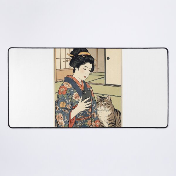 Item preview, Edo Period Selfie - Funny Ukiyo-e Woman and Cat Mashup designed and sold by nori0711.