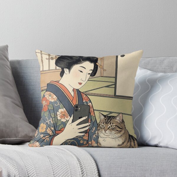 Item preview, Edo Period Selfie - Funny Ukiyo-e Woman and Cat Mashup designed and sold by nori0711.