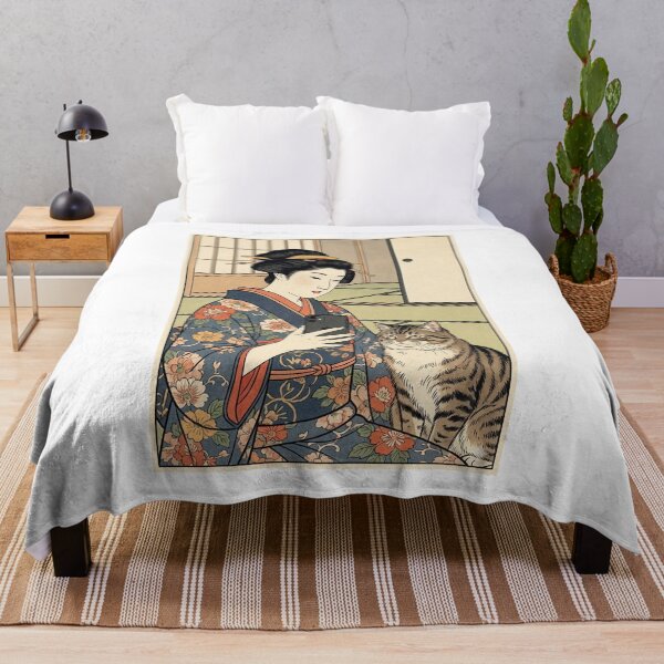 Item preview, Edo Period Selfie - Funny Ukiyo-e Woman and Cat Mashup designed and sold by nori0711.