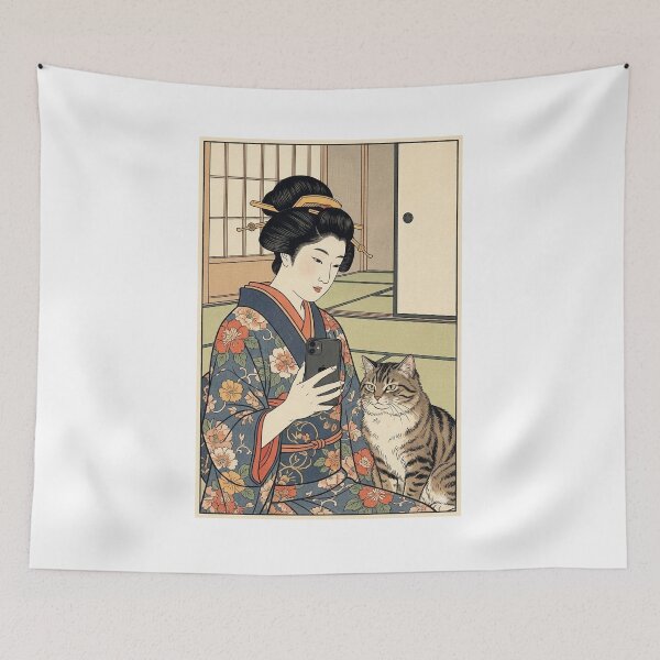 Item preview, Edo Period Selfie - Funny Ukiyo-e Woman and Cat Mashup designed and sold by nori0711.