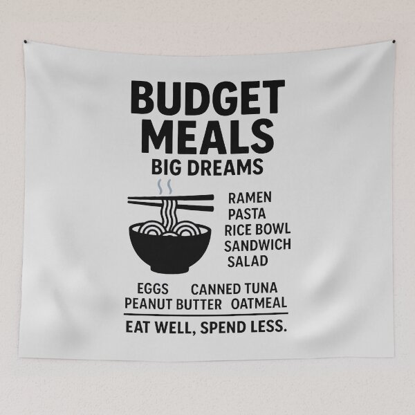Item preview, Budget Meals Poster with Noodle Bowl and Affordable Food List for Smart Eating designed and sold by SplashTastic.