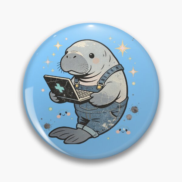 Item preview, Vintage Distressed Manatee with Laptop | Retro Kawaii Sea Cow in Overalls designed and sold by Cherrydora.