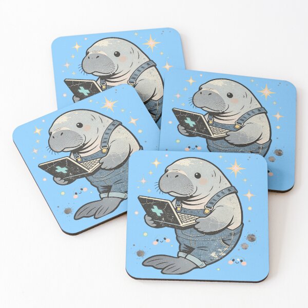 Item preview, Vintage Distressed Manatee with Laptop | Retro Kawaii Sea Cow in Overalls designed and sold by Cherrydora.