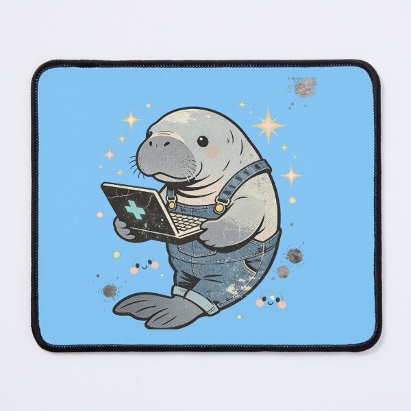 Item preview, Vintage Distressed Manatee with Laptop | Retro Kawaii Sea Cow in Overalls designed and sold by Cherrydora.