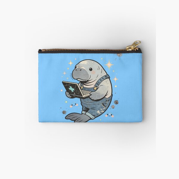 Item preview, Vintage Distressed Manatee with Laptop | Retro Kawaii Sea Cow in Overalls designed and sold by Cherrydora.