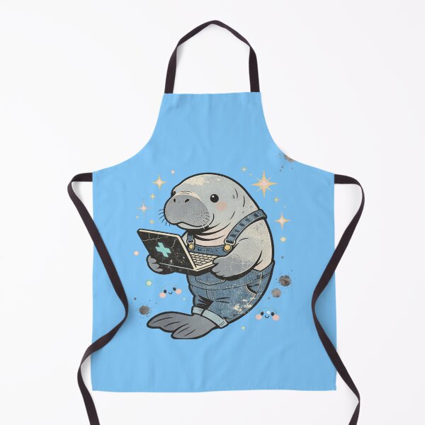 Item preview, Vintage Distressed Manatee with Laptop | Retro Kawaii Sea Cow in Overalls designed and sold by Cherrydora.