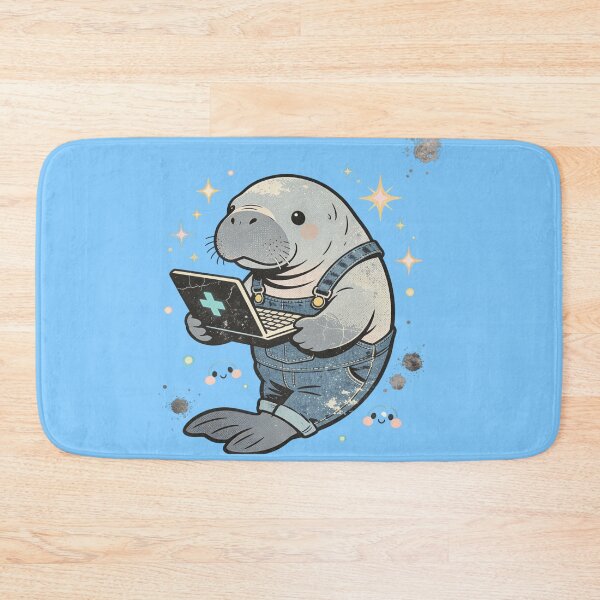 Item preview, Vintage Distressed Manatee with Laptop | Retro Kawaii Sea Cow in Overalls designed and sold by Cherrydora.