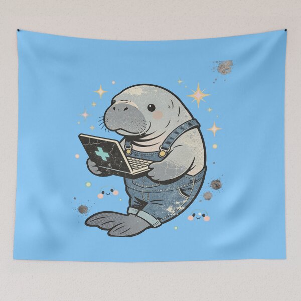 Item preview, Vintage Distressed Manatee with Laptop | Retro Kawaii Sea Cow in Overalls designed and sold by Cherrydora.