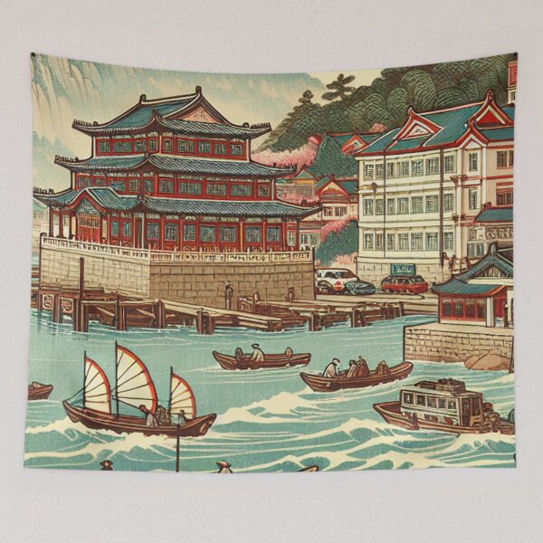 Item preview, Qingdao China Ukiyo-e Japanese Woodblock Print Coastal City Art Poster designed and sold by Vandy Fullam.