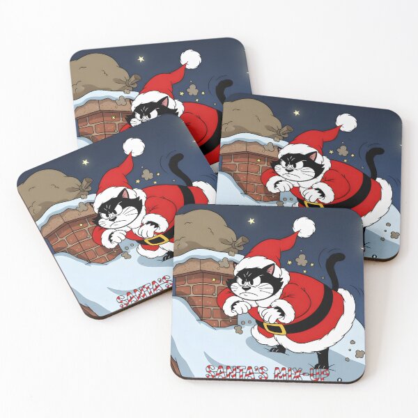 Item preview, A black cat, dressed as Santa Claus, stands on a snow-covered rooftop on a dark and cold night. designed and sold by PattaZone.
