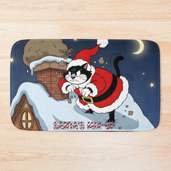 Item preview, A black cat, dressed as Santa Claus, stands on a snow-covered rooftop on a dark and cold night. designed and sold by PattaZone.