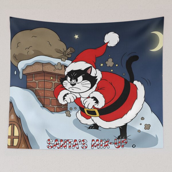 Item preview, A black cat, dressed as Santa Claus, stands on a snow-covered rooftop on a dark and cold night. designed and sold by PattaZone.
