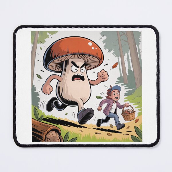 Item preview, Angry Mushroom Chasing Mushroom Picker Funny Cartoon Illustration designed and sold by JustFunnyStuff.