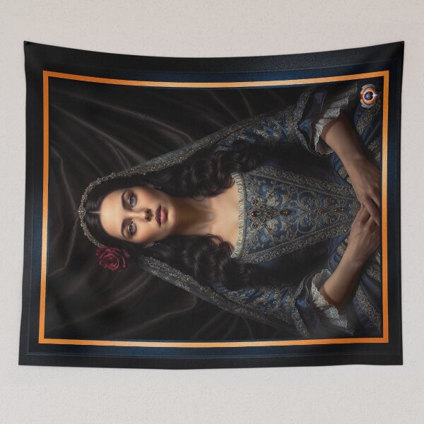 Item preview, Regal Crimson Rose Blue Dress Portrait of Marina Yvandis Alluring AI Concept Art by Xzendor7 designed and sold by Xzendor7 Digital Art Creations.