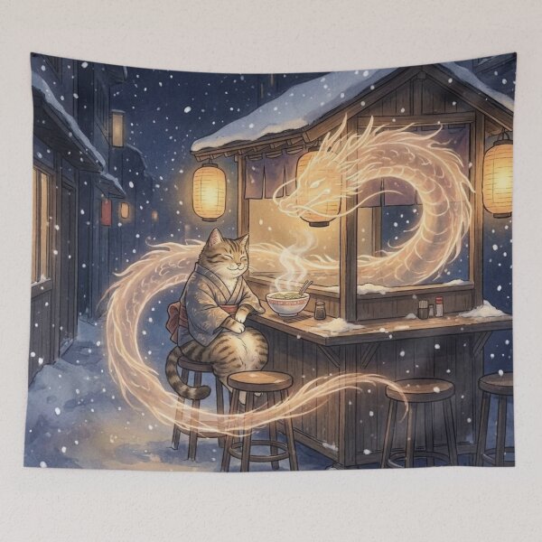 Item preview, Comfort Ramen Cat – Snowy Ukiyo-e Dragon Glow designed and sold by KaryaVisionSTR.