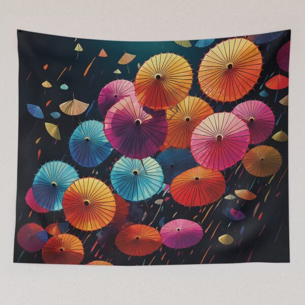 Item preview, Colorful Japanese parasols flying on black  designed and sold by Photopat.