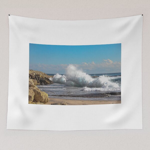 Item preview, Powerful Ocean Wave Crashes Against Rocky Shore on Sunny Beachfront designed and sold by Nmallia.