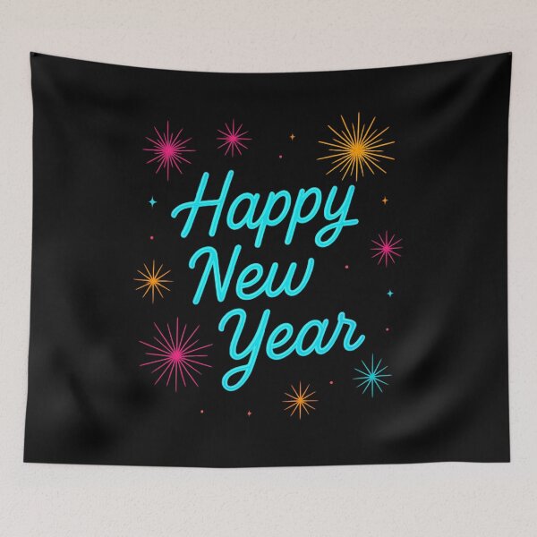 Item preview, Happy New Year Neon Fireworks Typography Design designed and sold by ArtVoyageShop.