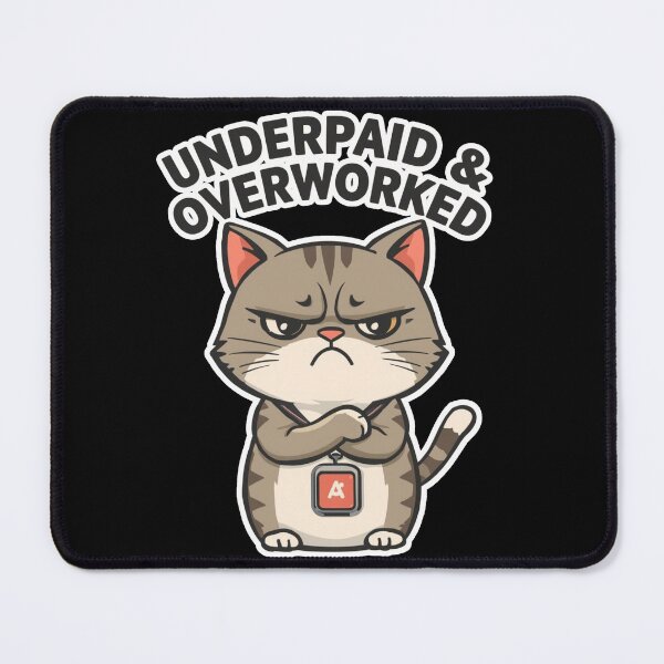 Item preview, Underpaid and Overworked - Funny Grumpy Cat Work Humor designed and sold by The Grumpy Pet Club.