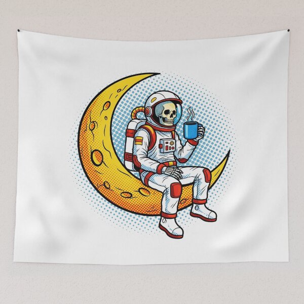Item preview, Retro Skeleton Astronaut Drinking Coffee on Moon - Pop Art Style designed and sold by Design_Your_Day.