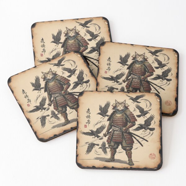 Item preview, Japanese Samurai Cat Warrior Full Body Armor With Katana And Crows Ink Wash Art designed and sold by sky11PP.