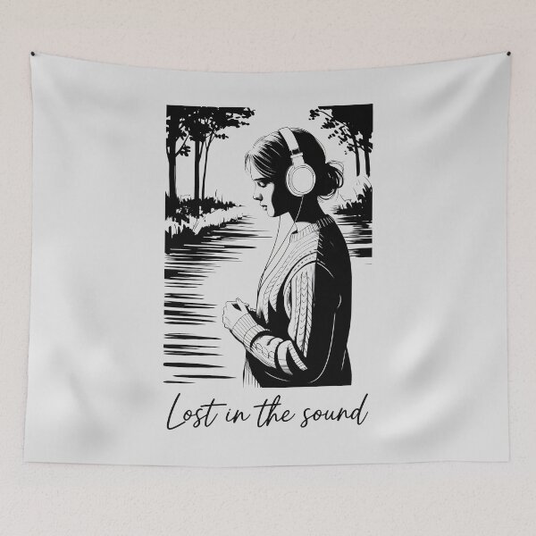 Item preview, Lost in the Sound Design with Headphones, Nature Reflection, and Black-and-White Contemplative Mood designed and sold by SplashTastic.