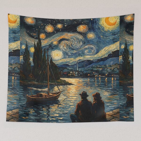 Aperçu de l'œuvre Peinture romantique de style Nuit étoilée représentant un couple dans un port créée et vendue par DenBox.