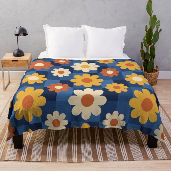 Item preview, Retro 70s Floral Checkerboard Pattern - Vintage Blue & Orange Groovy Daisy Design designed and sold by DeeLulu.