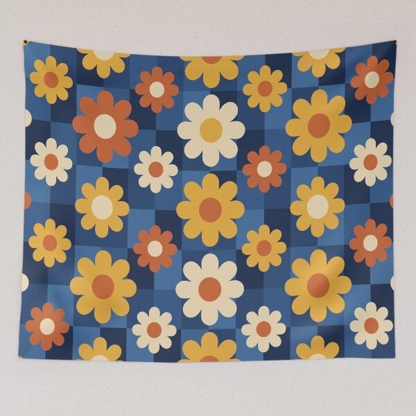 Item preview, Retro 70s Floral Checkerboard Pattern - Vintage Blue & Orange Groovy Daisy Design designed and sold by DeeLulu.