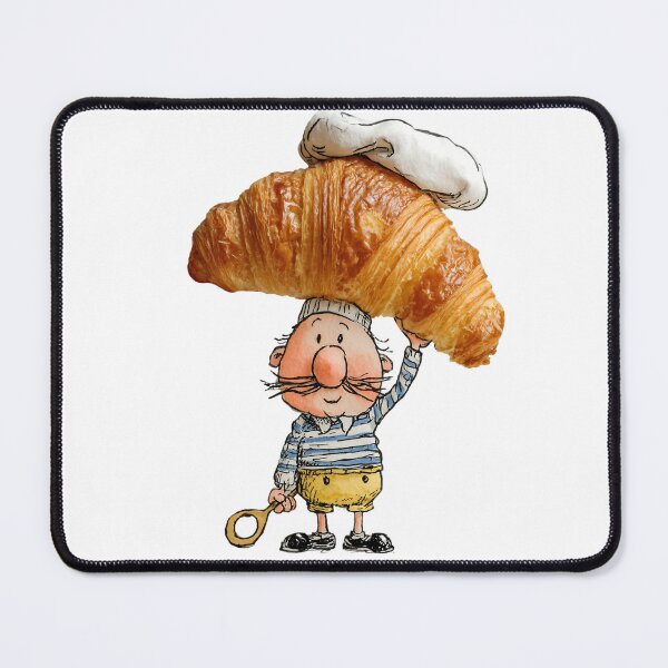 Item preview, Funny Baker with Croissant Hat – Whimsical Bakery Illustration with Realistic Pastry designed and sold by olenadykun.ai.