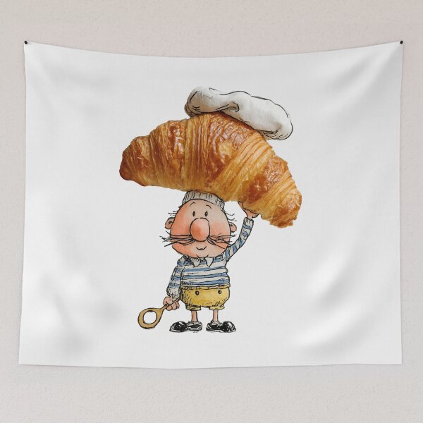 Item preview, Funny Baker with Croissant Hat – Whimsical Bakery Illustration with Realistic Pastry designed and sold by olenadykun.ai.