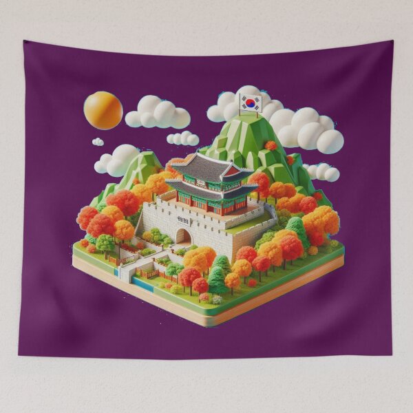 Item preview, Suwon Munan Gate Pavilion Autumn – Cute 3D Hwaseong Fortress Label with Korean Flag ,  designed and sold by PaintMeWorld.