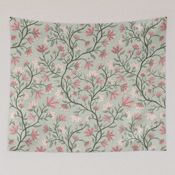 Aperçu de l'œuvre Fleurs roses et blanches avec des lianes de sauge sur fond vert pastel créée et vendue par Goolsby-Designs.