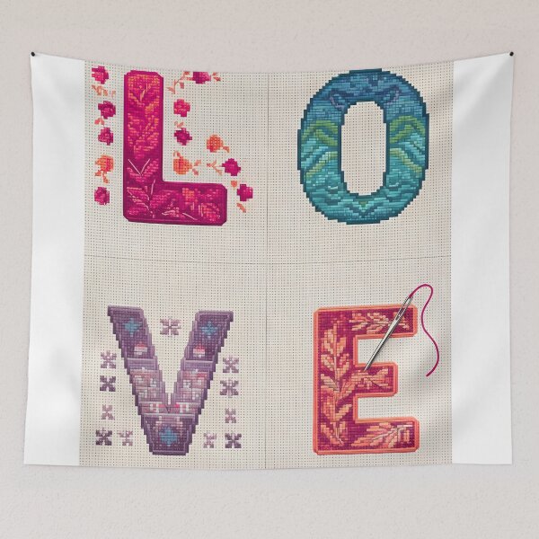 Item preview, Artisanal Cross Stitch LOVE Pattern: Thick Thread Embroidered Typography and Needle Art designed and sold by VibranPalette.