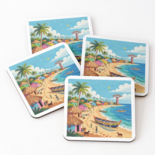 Item preview, Fishing Village Vibrant Folk Art Coastal Scene designed and sold by graphicsangels.