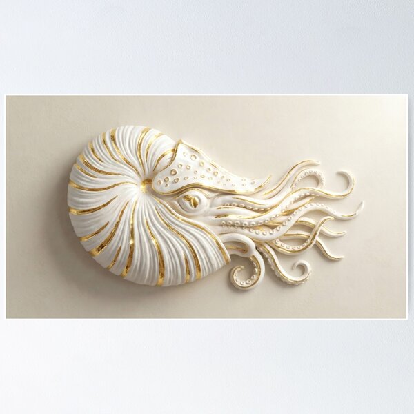 Item preview, Nautilus & Octopus Hybrid – White and Gold Wall Art designed and sold by TheLumina.