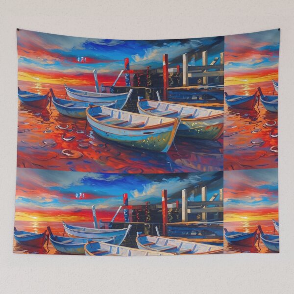 Item preview, Vibrant Sunset Boats – Modern Impressionist Painting designed and sold by lavanya11.