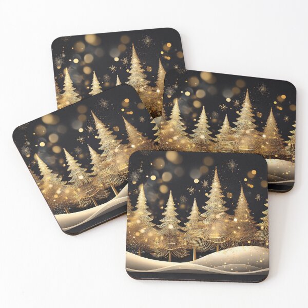Item preview, RICH GOLD Winter landscape minimalist watercolour painting, vintage pine trees landscape artwork, Winter holiday season decor, watercolor LANDSCAPE painting  designed and sold by navitalidesign.