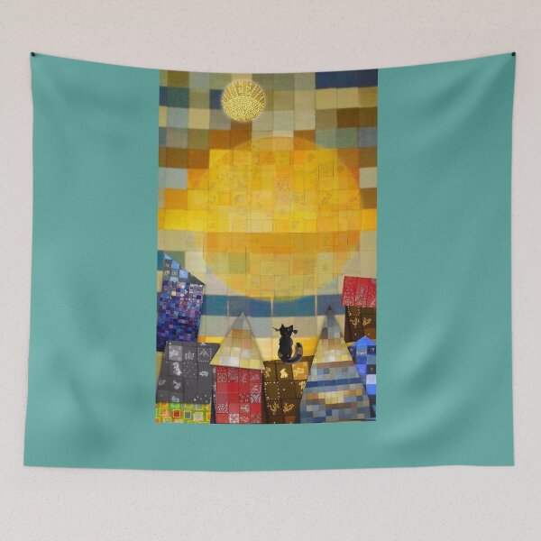 Item preview, Whimsical Black Cat in a Mosaic City Under a Yellow Sun designed and sold by NataliaFlaherty.