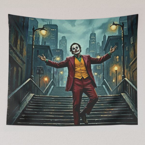 Item preview, Red Suit Clown Painting | Urban Staircase Dance Art | Textured Gotham Nightfall Impasto Poster designed and sold by Art's Diner.