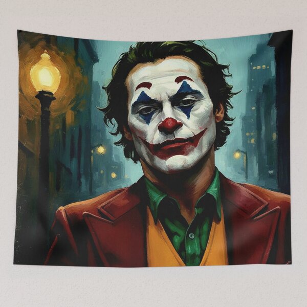 Item preview, Melancholic Clown Portrait Art | Red Suit Character Painting | Textured City Streetlight Impasto Poster designed and sold by Art's Diner.