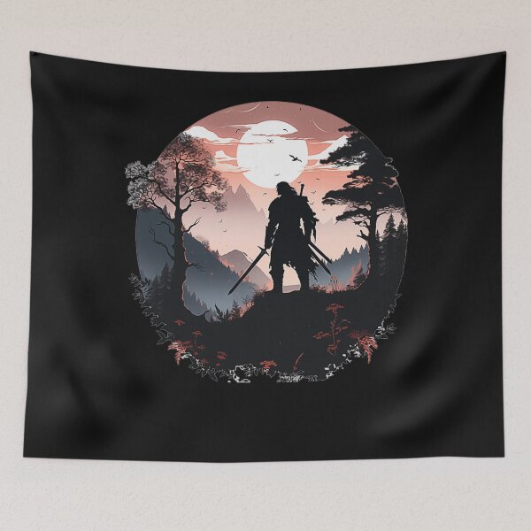 Item preview, Silhouette Swordsman In The Mountains Fantasy Landscape designed and sold by NovaNeal.
