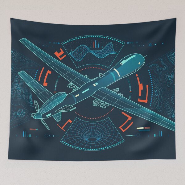 Item preview, modern warfare technology or aerospace engineering, graphic of military drone with topographic map and wireframe texture elements as interface designed and sold by NiamLab.