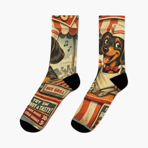 Item preview, Funny retro illustration, dachshund selling hot dogs designed and sold by Mauswohn.