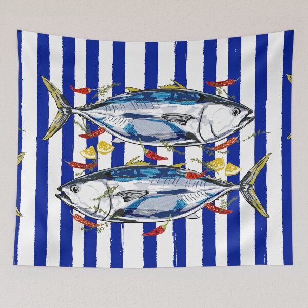 Item preview, Blue Tuna with Herbs and Spices Retro Stripes designed and sold by MaiZephyr.