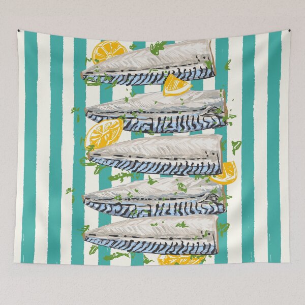 Item preview, Mackerel Fillet with Lemons Retro Stripes Illustration designed and sold by MaiZephyr.