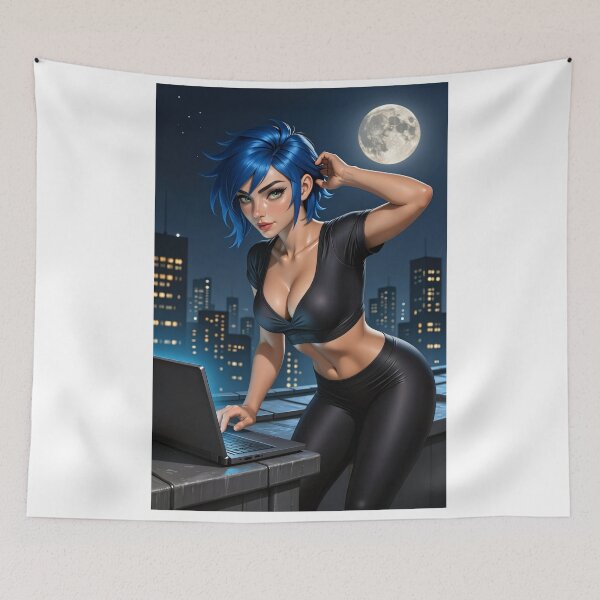 Item preview, Cipher newmoon hacker on rooftop laptop night city designed and sold by CathryneDelamort.