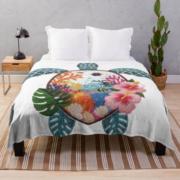 Item preview, Embroidered Style Turtle with Tropical Coral Reef and Hibiscus Garden designed and sold by zoughlal.