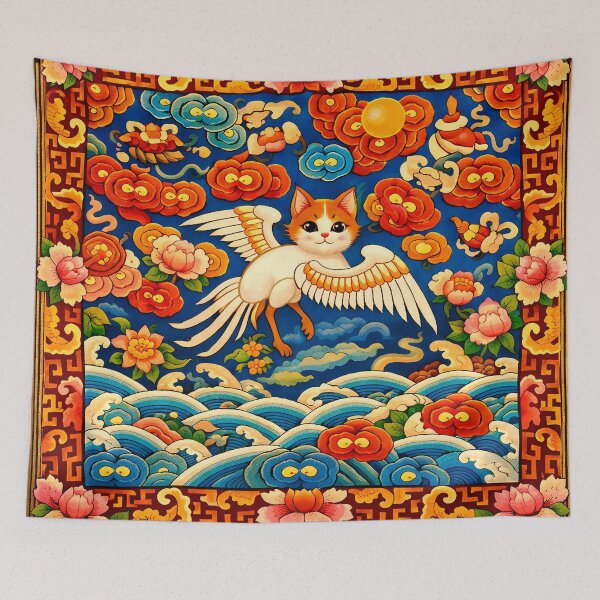 Item preview, Celestial Winged Cat Folk Art Tapestry designed and sold by Auroracat2025.