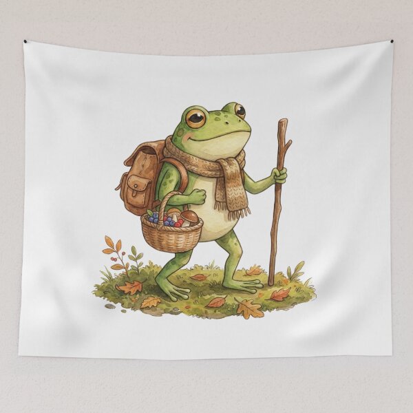 Item preview, Cozy Cottagecore Hiker Frog with Backpack and Mushrooms designed and sold by EverBranz-stor.